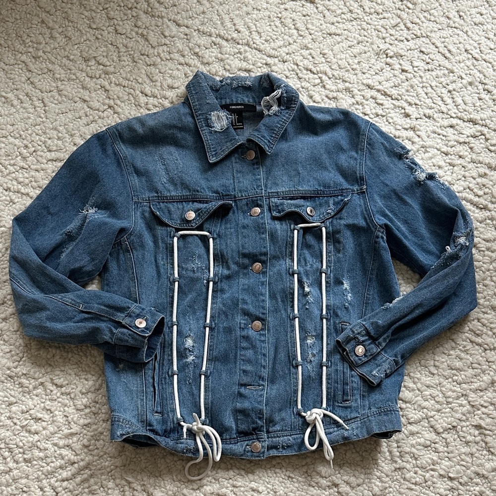 Distressed Jean  Jacket With Cord Details